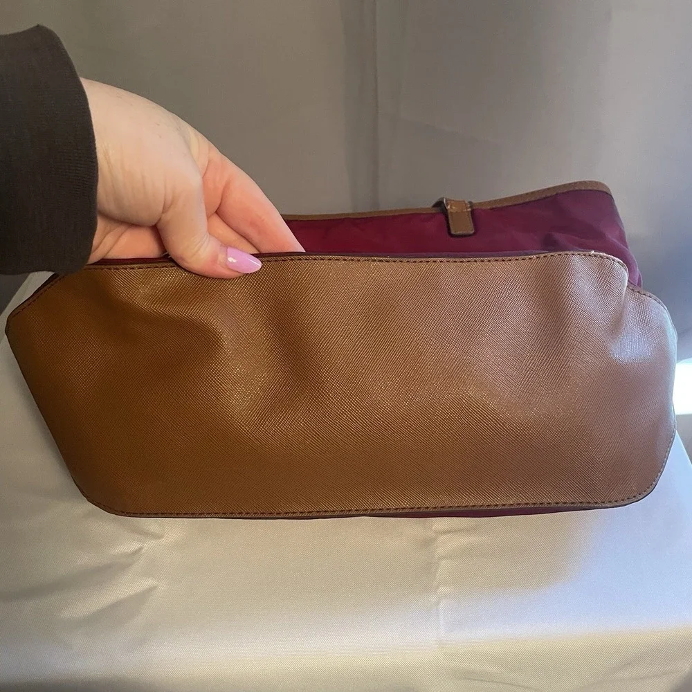 Michael Kors Kempton Nylon Satchel Tote Purse Shoulder Bag in Maroon & Brown - Picture 8 of 16